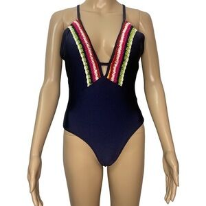 New Cupshe One Piece Blue With Bright Crocheted Trim Criss Cross Back Swimsuit